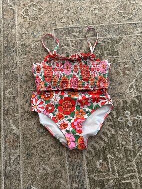 SHEIN Floral Two-Piece Girls' Swim Set - Pink, Orange & Green